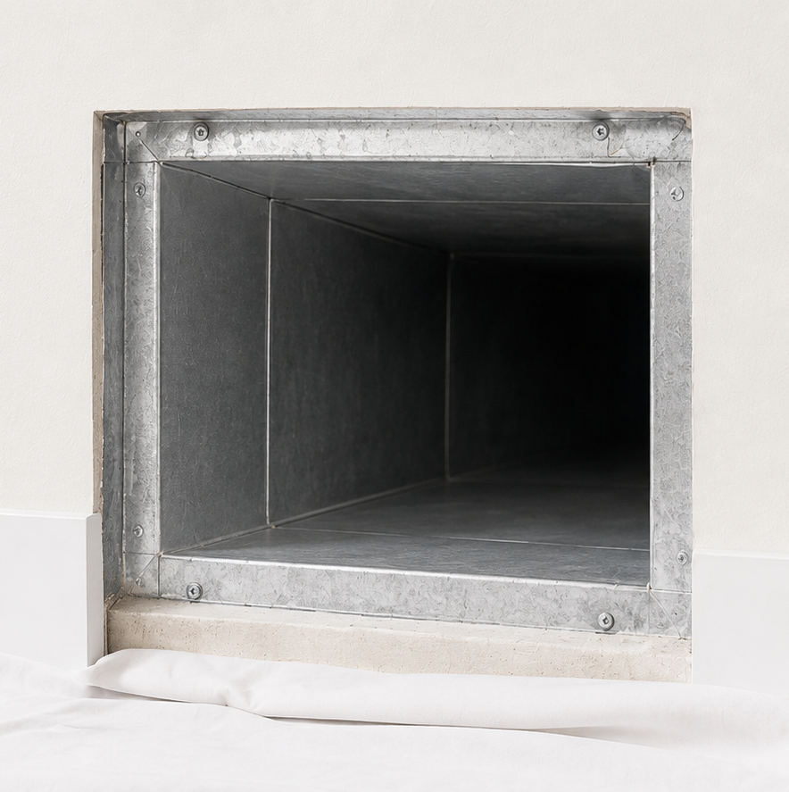 Air duct after cleaning, spotless metal