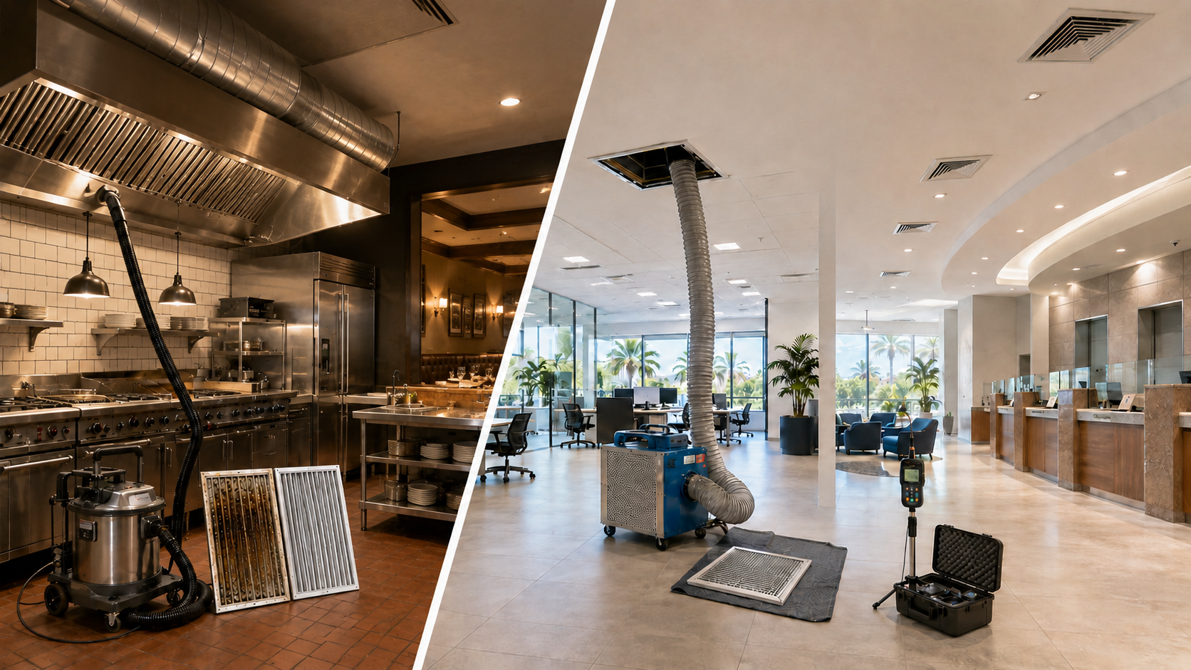 Orlando Clean Air cleaning a restaurant kitchen exhaust hood and an office and bank HVAC system